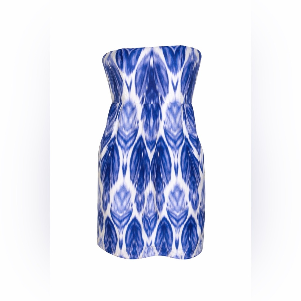 J.Crew Silk Ikat Strapless Mini Dress‎ Blue White Coastal Chic Boho-Small